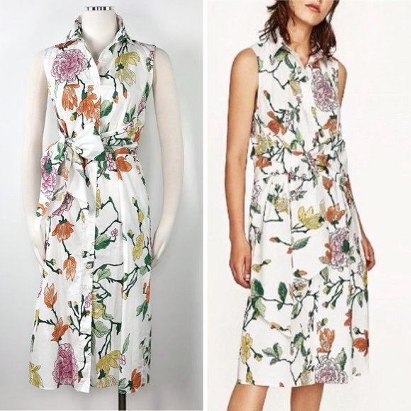 Zara Dresses & Skirts - Zara S White Floral Wrap Sleeveless Shirtdress EUC